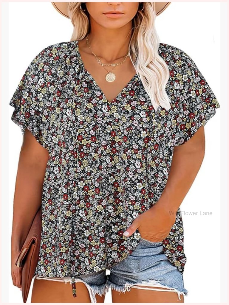 Plus Size Boho Floral V Neck Blouse With Ruffle Sleeves